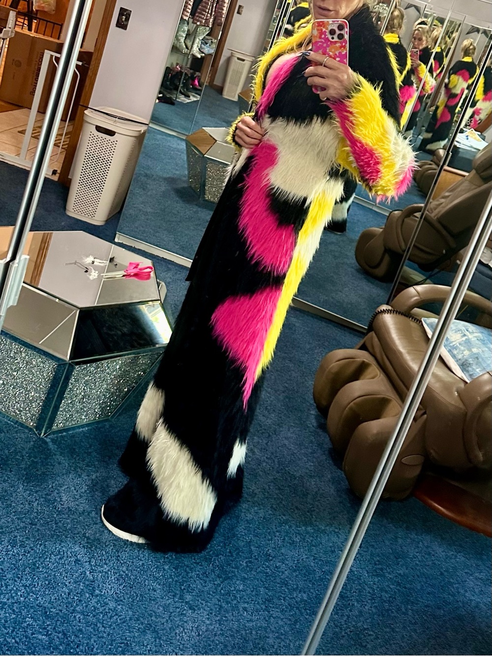 AKIRA Colorblock Faux Fur Long Coat - Black, White, Pink & Yellow